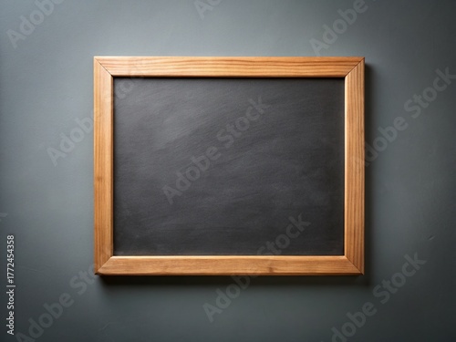 Blank Black Chalkboard with Wooden Frame on Grey Background - Stock Photo