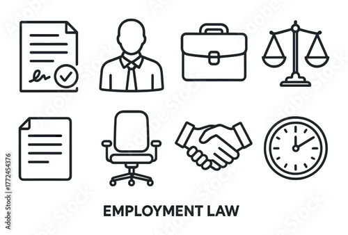 Black icons representing employment law with office symbols and legal elements