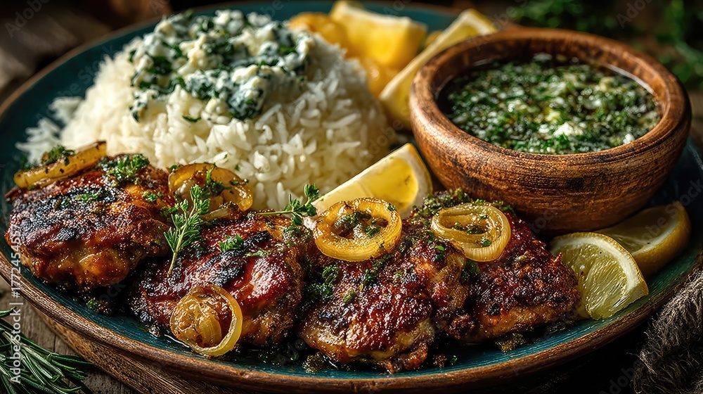 Fototapeta premium Guinea dish Poulet Yassa Grilled chicken marinated in onions and lemon tangy and caramelized