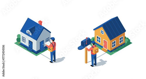 Isometric delivery service packages delivered to homes