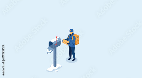 Mail delivery in winter isometric postal worker in snowy scene