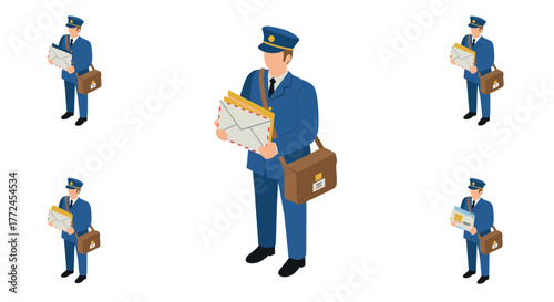 Isometric mailman delivering envelopes in uniform with mailbag on white background