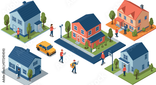 Isometric neighborhood with houses and people engaged in daily activities