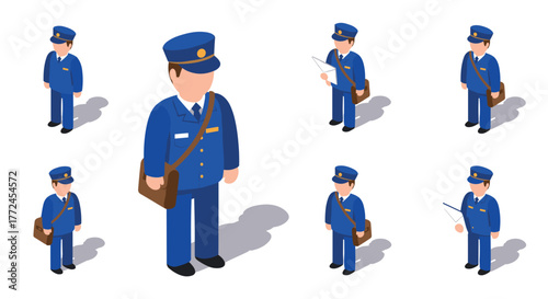 Isometric postal workers in uniform delivering letters and packages