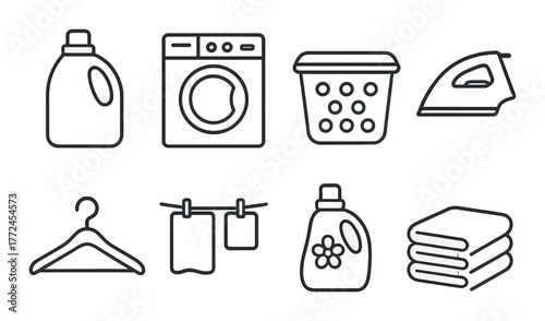 Laundry symbols: washing machine, detergent, iron, and basket icons on dark background