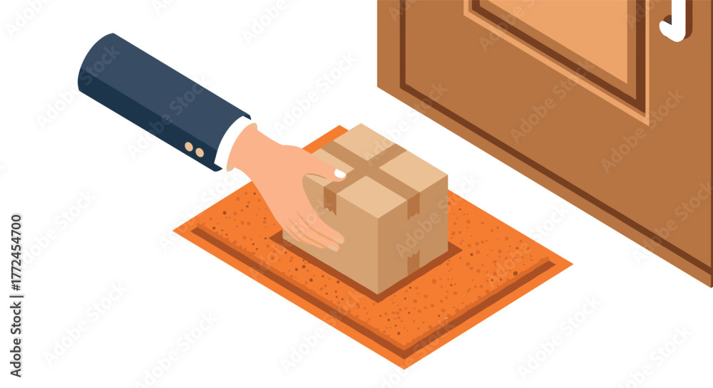 Obraz premium Isometric package delivery concept with hand and doorstep on white background