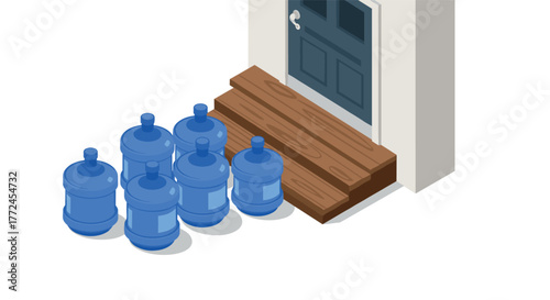 Isometric water bottles by doorstep for home delivery concept