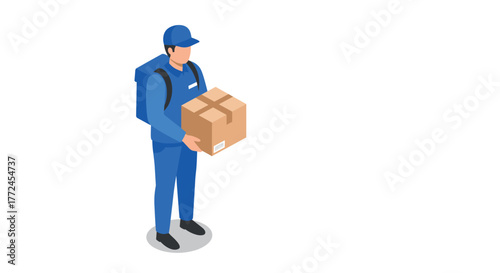 Isometric delivery worker carrying box in uniform with backpack on white background