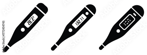 digital thermometer minimal icon set, black color and white background