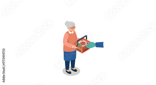 Elderly woman receiving grocery basket from gloved hand in isometric style