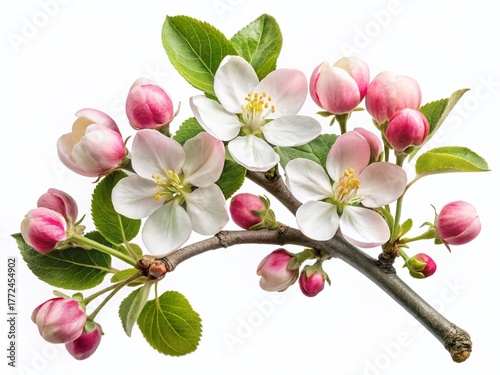 Blooming Apple Tree Branch Isolated, Spring Blossom, White Background, Nature Photography, Floral Image