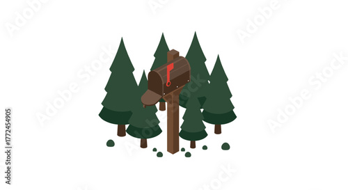 Isometric forest mailbox with red flag among pine trees