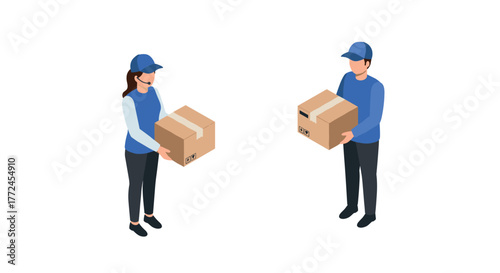Isometric delivery workers holding boxes with uniforms and caps