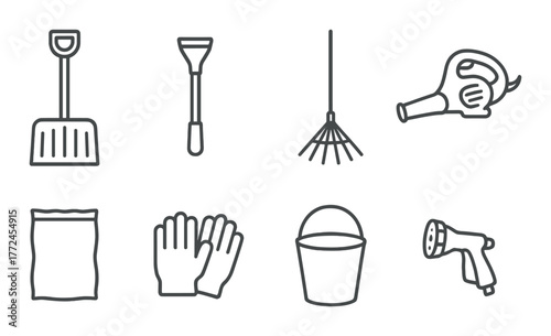 Silhouette icons of essential gardening tools and equipment for outdoor maintenance