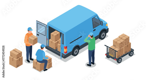 Isometric delivery service workers loading packages into a transport van