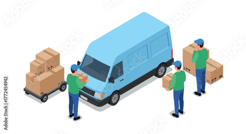 Delivery crew loading boxes into blue van in isometric style