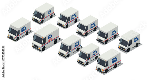 Isometric delivery trucks with postal service branding in various angles