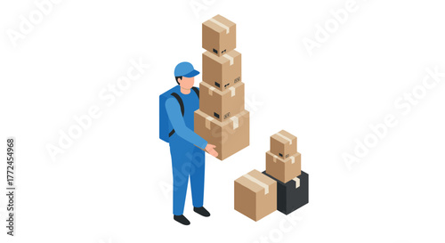 Isometric delivery worker stacking boxes in blue uniform