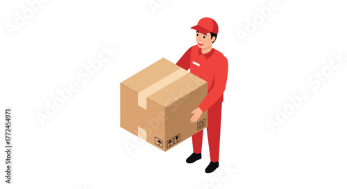 Isometric delivery worker carrying cardboard box in red uniform