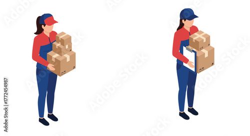 Delivery personnel carrying packages in isometric style for ecommerce and logistics