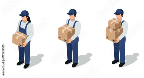 Isometric couriers in uniforms carrying cardboard boxes for delivery services