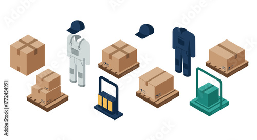 Isometric warehouse elements with packages, workers, and equipment for logistics design