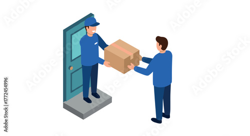 Isometric delivery scene with courier and customer exchanging package at doorstep