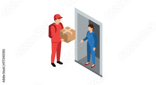 Isometric delivery service couriers bringing packages to doorsteps safely