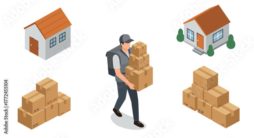 Isometric delivery concept with courier and packages at house
