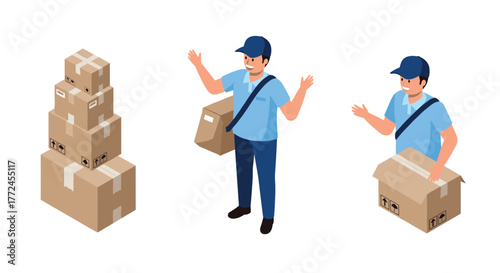 Courier service delivery concept with isometric boxes and delivery person