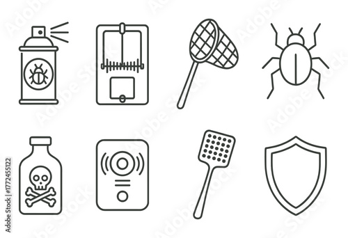 Pest control icons set featuring trap, bug spray, and swatter