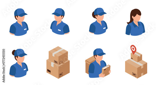 Isometric delivery service set with workers and packages
