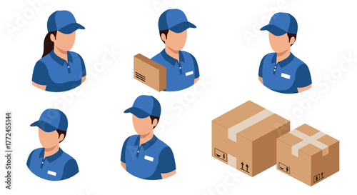 Delivery personnel and cardboard packages isometric design for logistics and shipping concepts