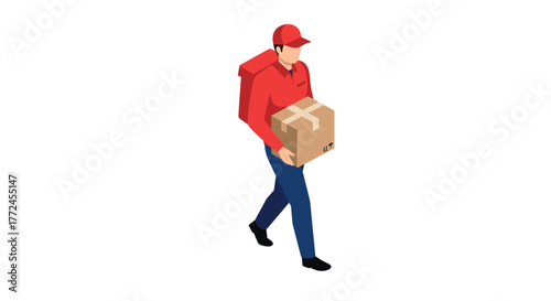 Isometric delivery person in red uniform carrying package on white background