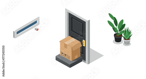 Isometric package delivery at doorstep with houseplants and progress bar