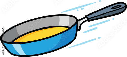Blue Frying Pan With Yellow Content In Motion Blue Specks Around Handle