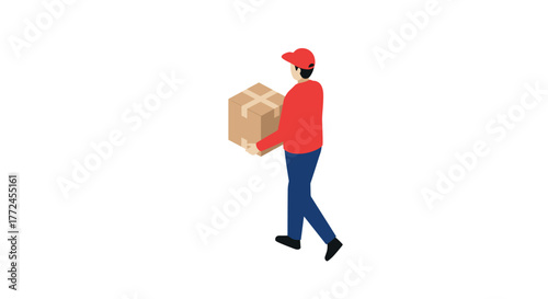 Delivery worker in red uniform carrying box in minimalist isometric design
