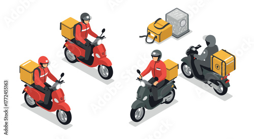 Isometric motorcycle delivery service with couriers and parcel icons