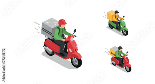 Fast delivery service with couriers on colorful motor scooters in motion