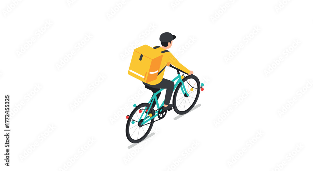 Naklejka premium Cyclist with yellow bag in isometric style, urban bicycle delivery concept