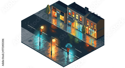 Isometric night street scene with rain and reflections