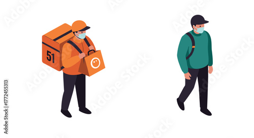 Isometric delivery person and pedestrian with masks for safety