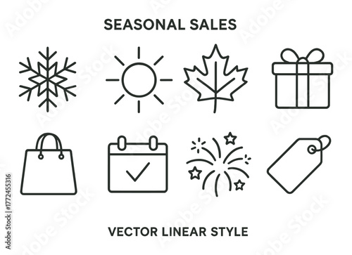 Seasonal sales icons: snowflake, sun, leaf, gift, bag, calendar, fireworks, tag