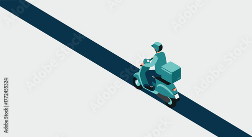 Isometric delivery person on scooter with cargo box on blue road