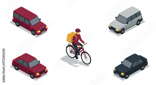 Isometric delivery cyclist surrounded by cars on white background