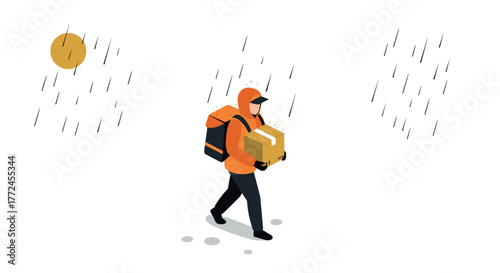 Courier delivering package in rainy weather with minimalist isometric style