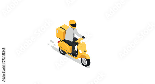 Isometric delivery scooter rider in yellow helmet and jacket on white background