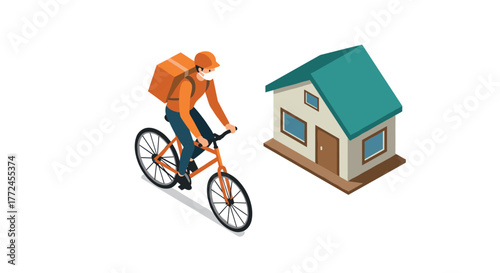 Isometric delivery cyclist with backpack beside house