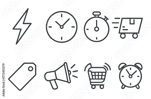 Monochrome icons of logistics and shopping with clock and megaphone symbols