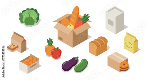 Isometric food and grocery items fresh produce, bread, and packaged goods